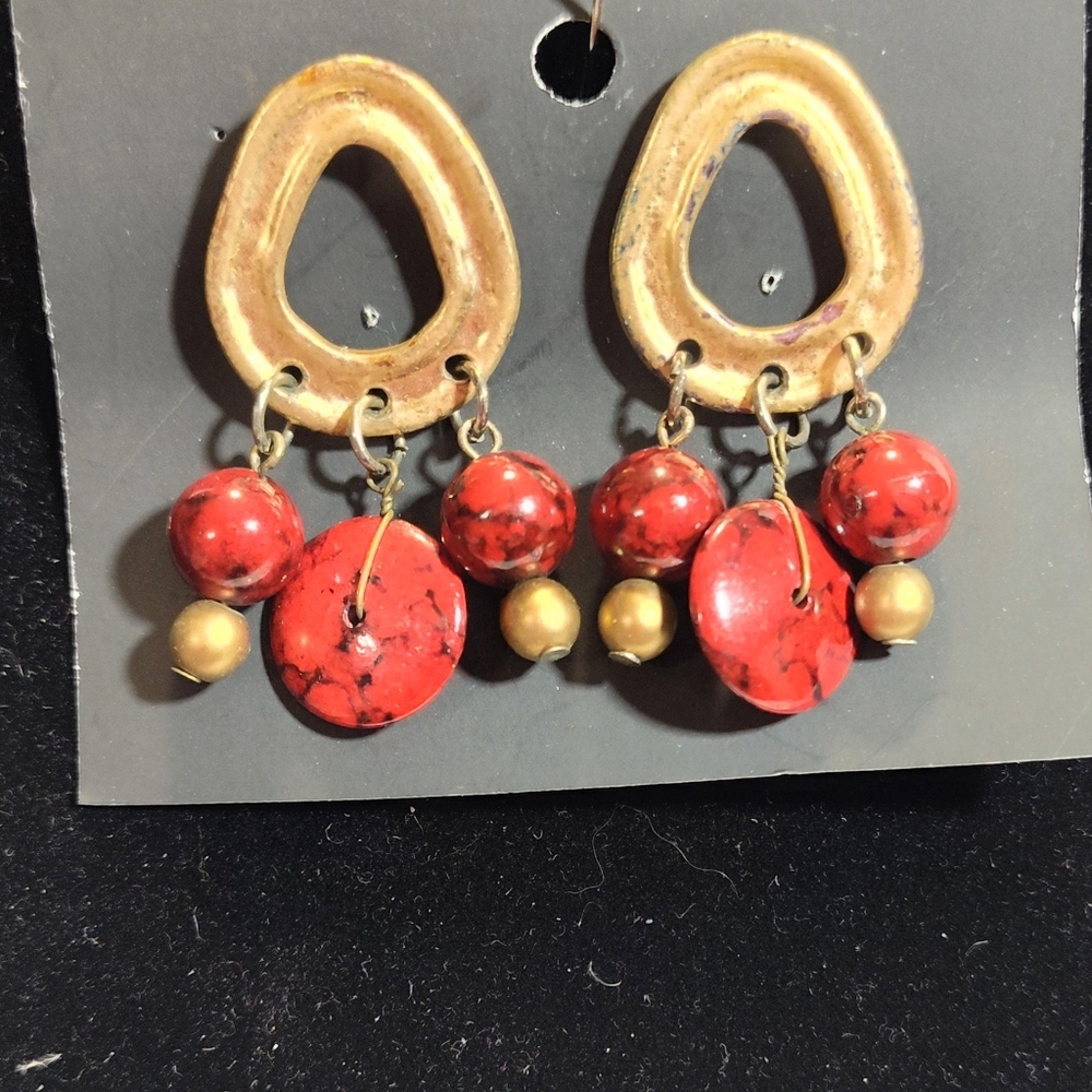 Matte Gold and Red Dangle Earrings NWOT